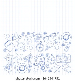 Travel vector pattern. Adventure, beach, tropical design.
