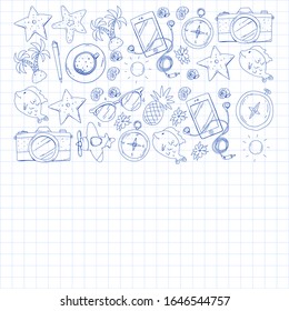 Travel vector pattern. Adventure, beach, tropical design.