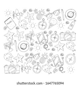 Travel vector pattern. Adventure, beach, tropical design.