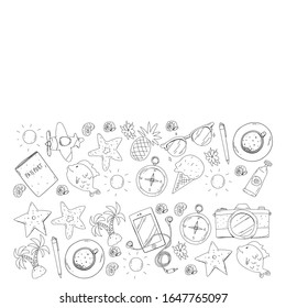 Travel vector pattern. Adventure, beach, tropical design.