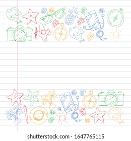 Travel vector pattern. Adventure, beach, tropical design.