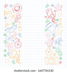 Travel vector pattern. Adventure, beach, tropical design.
