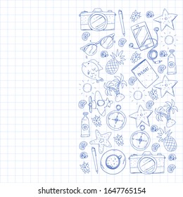 Travel vector pattern. Adventure, beach, tropical design.