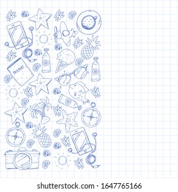 Travel vector pattern. Adventure, beach, tropical design.