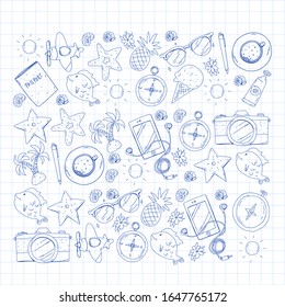 Travel vector pattern. Adventure, beach, tropical design.