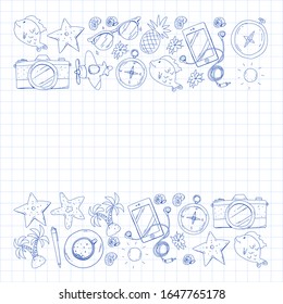 Travel vector pattern. Adventure, beach, tropical design.