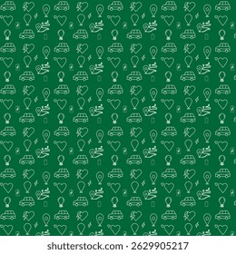 Travel vector pattern with symbols or icons like car, vehicle charging station, road route, access point, energy, love with solid white lines and green background for green energy topic use.