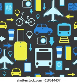 Travel - vector pattern. Transport, luggage, camera.