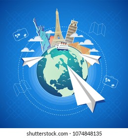 Travel vector poster concept. abstract globe with monuments and paper airplanes on gray flat background with pattern and icons