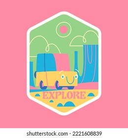 Travel Vector Retro Sticker, Pin, Stamp, Patch. Illustration concept. Trendy Cartoon style of 30s 40s. Around the World collection. cartoon yellow SUV in the mountains.