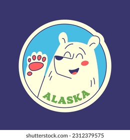 Travel Vector Retro Sticker, Pin, Stamp, Patch. Illustration concept. Trendy Cartoon style of 30s 40s. Around the World collection. A smiling white polar bear smiles and waves his paw. Alaska.