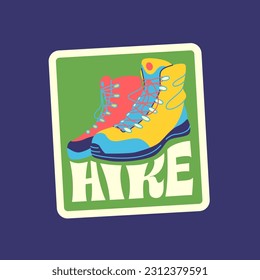 Travel Vector Retro Sticker, Pin, Stamp, Patch. Illustration concept. Trendy Cartoon style of 30s 40s. Around the World collection. Hiking boots.