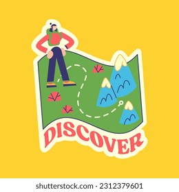 Travel Vector Retro Sticker, Pin, Stamp, Patch. Illustration concept. Trendy Cartoon style of 30s 40s. Around the World collection. Road Trip. A girl discovers uncharted lands. Cartoon map.