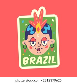 Travel Vector Retro Sticker, Pin, Stamp, Patch. Illustration concept. Trendy Cartoon style of 30s 40s. Around the World collection. Road Trip. The face of a Brazilian girl. Carnival in Brazil.