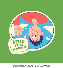 Travel Vector Retro Sticker, Pin, Stamp, Patch. Illustration concept. Trendy Cartoon style of 30s 40s. Around the World collection. Road Trip. A man from Australia greets.