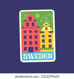 Travel Vector Retro Sticker, Pin, Stamp, Patch. Illustration concept. Trendy Cartoon style of 30s 40s. Around the World collection. Road Trip. Old houses in the center of Stockholm, Sweden.