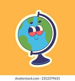 Travel Vector Retro Sticker, Pin, Stamp, Patch. Illustration concept. Trendy Cartoon style of 30s 40s. Around the World collection. Road Trip. Smiling cartoon globe.