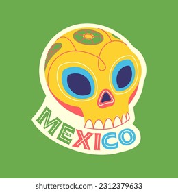 Travel Vector Retro Sticker, Pin, Stamp, Patch. Illustration concept. Trendy Cartoon style of 30s 40s. Around the World collection. Road Trip. Day of the Dead. A decorated skull.