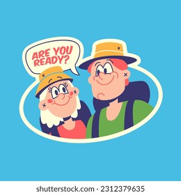 Travel Vector Retro Sticker, Pin, Stamp, Patch. Illustration concept. Trendy Cartoon style of 30s 40s. Around the World collection. Cartoon Man and Girl Travelers.