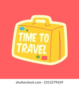 Travel Vector Retro Sticker, Pin, Stamp, Patch. Illustration concept. Trendy Cartoon style of 30s 40s. Around the World collection. Road Trip. Yellow cute travel suitcase.