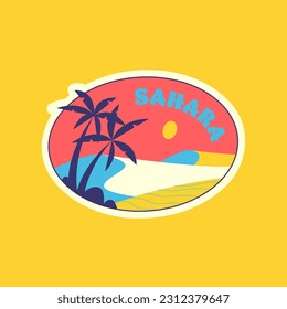 Travel Vector Retro Sticker, Pin, Stamp, Patch. Illustration concept. Trendy Cartoon style of 30s 40s. Around the World collection. Road Trip. The Sahara desert. View of sand dunes and palm trees.