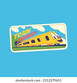 Travel Vector Retro Sticker, Pin, Stamp, Patch. Illustration concept. Trendy Cartoon style of 30s 40s. Around the World collection. Road Trip. A smiling train leaves the tunnel.