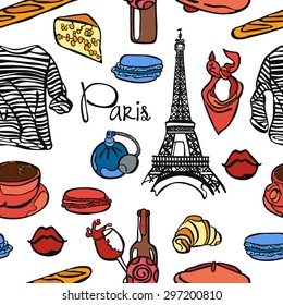 Travel.  Vector seamless illustration, which shows: beret, striped jacket, long loaf, croissant, bottle of wine, glass of wine, scarf, Eiffel Tower, makaroon, cheese, perfume and inscription Paris.