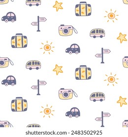 Vector de viaje sin patrón. Fondo de verano de vacaciones tropicales. Dibujado a mano simple boho repetir textura. Textil moderno, estampado, Fondos de pantalla, papel de embalaje.