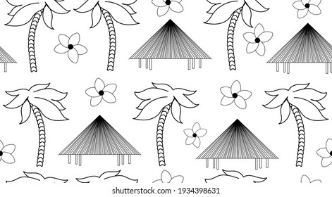 Travel vector seamless texture with palms, bungalows and flowers 