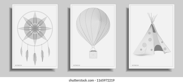Travel vector set with balloon, dreamcatcher and wigwam on a sticker, poster, card, business card for a tourist agency. Graphic theme