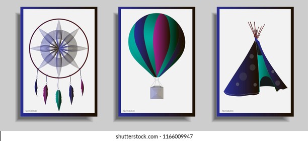 Travel vector set with balloon, dreamcatcher and wigwam on a sticker, poster, card, business card for a tourist agency. Colorful funny theme