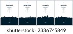 Travel vector set with city skylines New York, Chicago, Atlanta, Boston, Detailed city skylines minimalistic graphic artwork