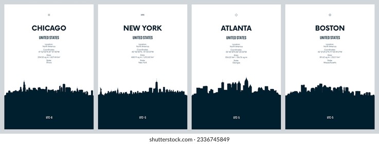 Travel vector set with city skylines New York, Chicago, Atlanta, Boston, Detailed city skylines minimalistic graphic artwork