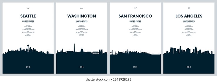 Travel vector set with city skylines Seattle, Washington, San Francisco, Los Angeles, detailed city skylines minimalistic graphic artwork