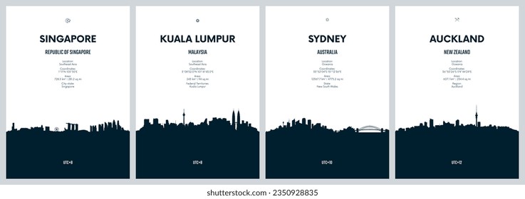 Travel Vektor Set mit City-Skylines Singapur, Kuala Lumpur, Sydney, Auckland, detaillierte City-Skylines minimalistische grafische Kunstwerke