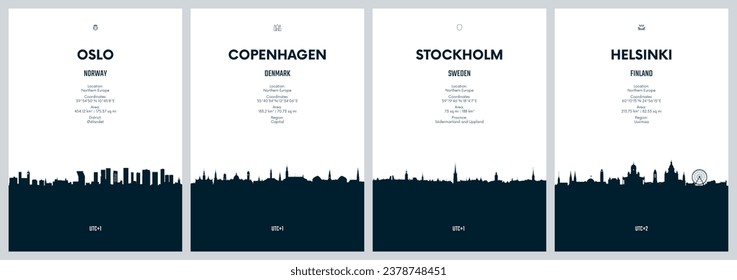 Travectorset mit City-Skylines Oslo, Kopenhagen, Stockholm, Helsinki, detaillierte City-Skylines minimalistische grafische Kunstwerke