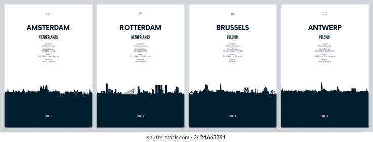 Travel vector set with city skylines Amsterdam, Rotterdam, Brussels, Antwerp, detailed city skylines minimalistic graphic artwork