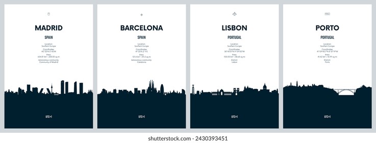 Travel vector set with city skylines Madrid, Barcelona, Lisbon, Porto, detailed city skylines minimalistic graphic artwork