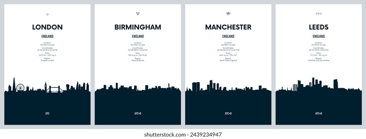 Travel vector set with city skylines London, Birmingham, Manchester, Leeds detailed city skylines minimalistic graphic artwork