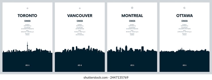 Travel vector set with city skylines Toronto, Vancouver, Montreal, Ottawa detailed city skylines minimalistic graphic artwork