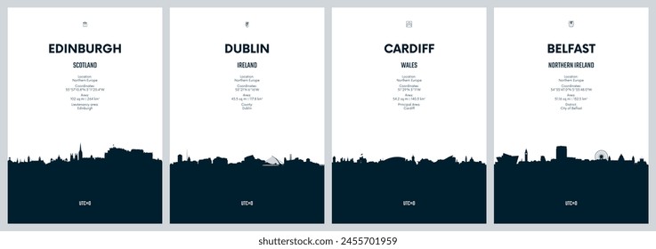 Travel vector set with city skylines Edinburgh, Dublin, Cardiff, Belfast, detailed city skylines minimalistic graphic artwork