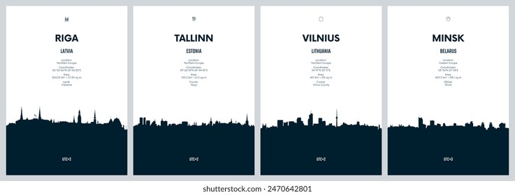 Travel vector set with city skylines Riga, Tallinn, Vilnius, Minsk detailed city skylines minimalistic graphic artwork