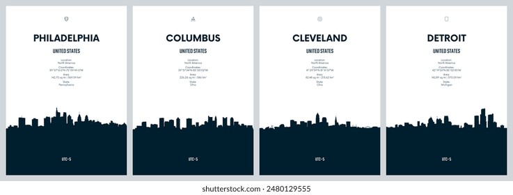 Travel vector set with city skylines Philadelphia, Columbus, Cleveland, Detroit detailed city skylines minimalistic graphic artwork