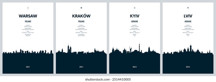 Vetor de viagem conjunto com skylines da cidade Varsóvia, Cracóvia, Kiev, Lviv detalhados skylines da cidade arte gráfica minimalista