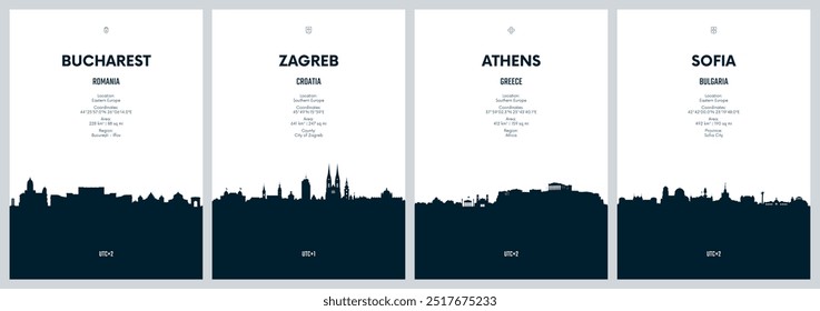 Vetor de viagem conjunto com skylines da cidade Bucareste, Zagreb, Atenas, Sofia skylines da cidade detalhados arte gráfica minimalista