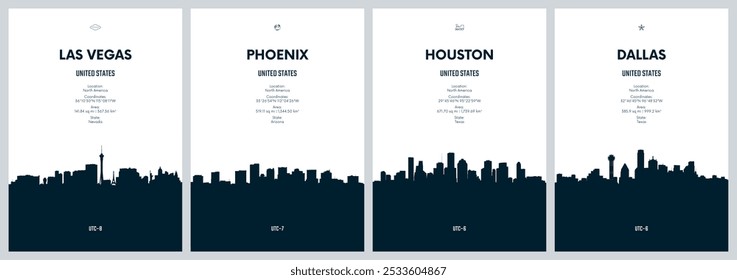 Reisevektorsatz mit Skylines Las Vegas, Phoenix, Houston, Dallas detaillierte Skylines minimalistische grafische Kunstwerke