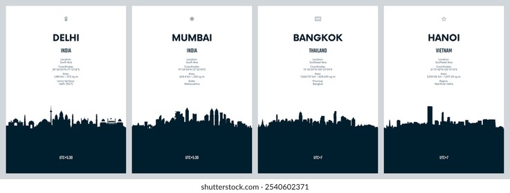 Conjunto de Vector de viaje con horizontes de la ciudad Delhi, Bombay, Bangkok, Hanói detallados horizontes de la ciudad obras de arte gráficas minimalistas