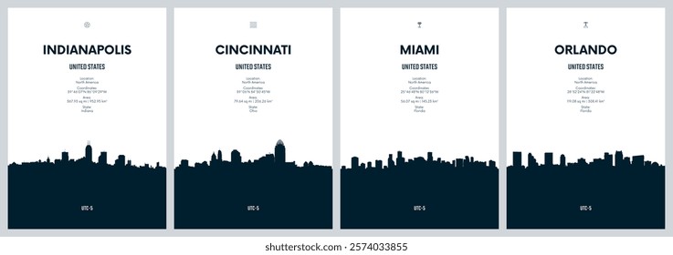 Travel vector set with city skylines Indianapolis, Cincinnati, Miami, Orlando detailed city skylines minimalistic graphic artwork