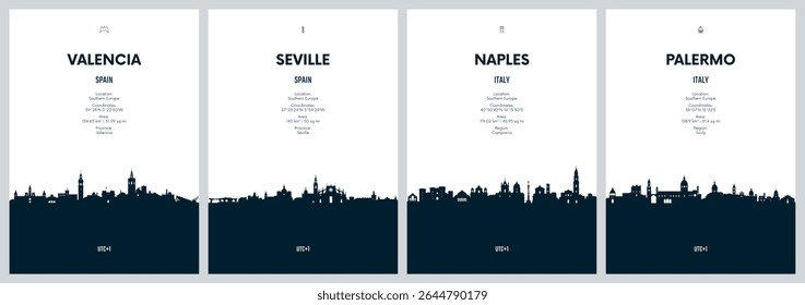 Vetor de viagem conjunto com skylines da cidade Valência, Sevilha, Nápoles, Palermo skylines da cidade detalhados arte gráfica minimalista