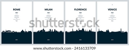 Travel vector set with city skylines Rome, Milan, Florence, Venice detailed city panorama minimalistic graphic artwork